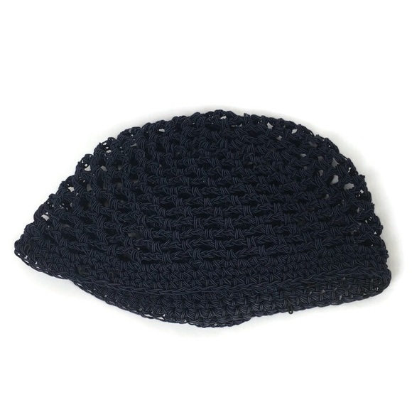 Vintage Open Knit Stretchy Cap Hat Beanie with Floral Accent in Deep Blue - Picture 2 of 5